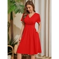 thumbnail image 2 of Chiclily Womens Summer Short Sleeve Casual Dresses V-Neck Boho Midi Dress with Pockets, Red S, 2 of 6