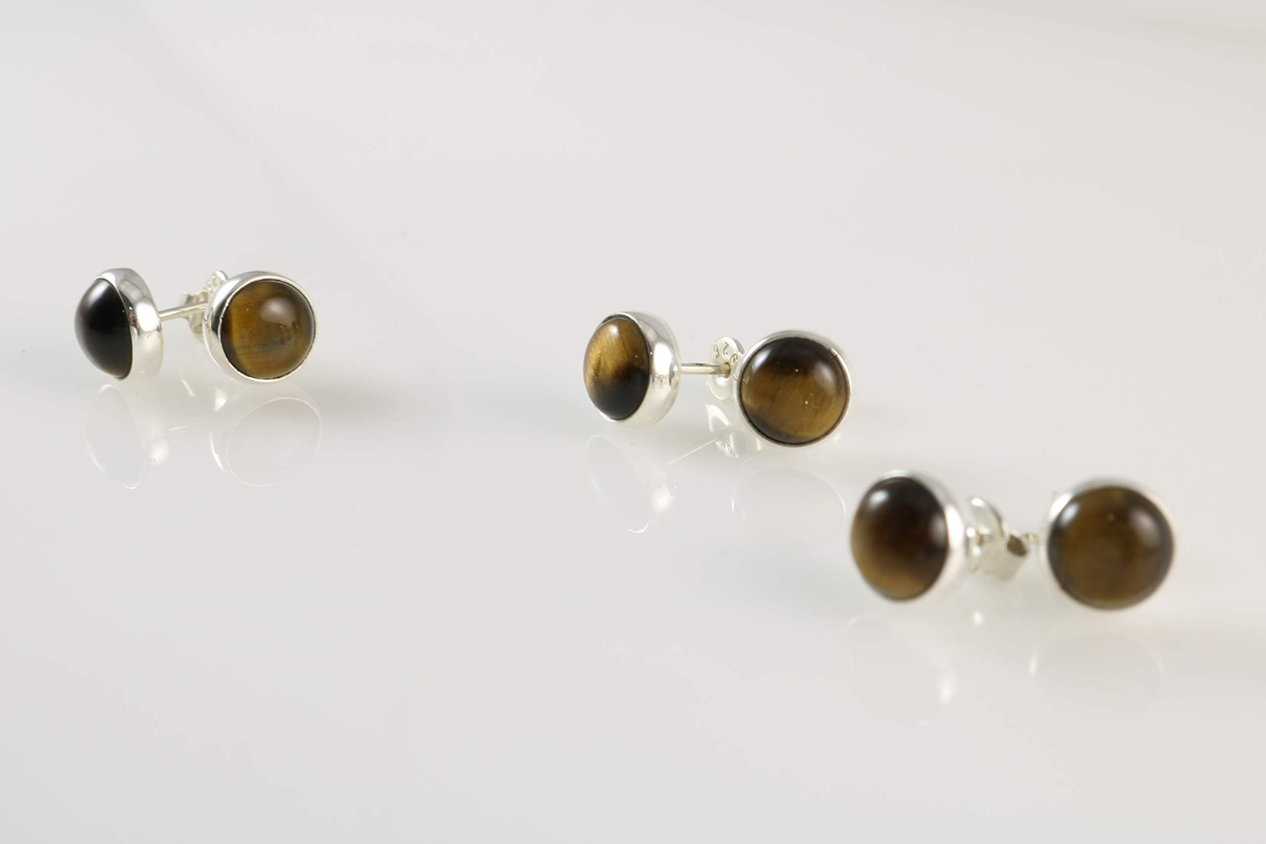 Echmeck Sterling Silver 925 Round Natural Brown Tiger Eye 9mm Handmade Stud Earrings for Women and Men