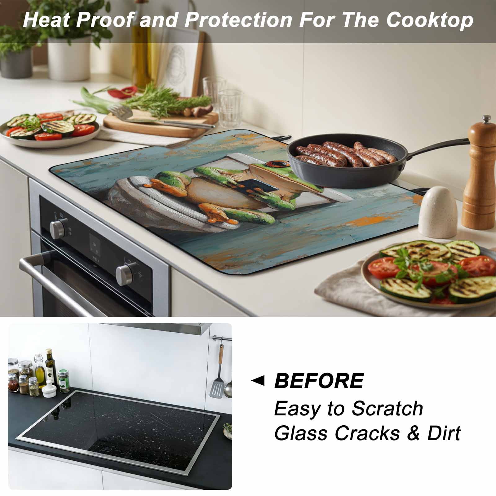 Bathroom Frog Stove Top Cover for Electric Stove, Heat-proof & Non Slip Glass Top Stove Cover Protector, Toilet Animals Vintage Kitchen Flat Cooktop Rubber Mat 24x21 Inches