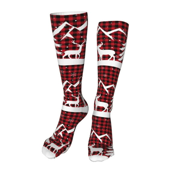 Honeii Christmas Buffalo Plaid Print Calf Socks Sports Socks Seamless Toe, Trouser Socks,Knee High Long Socks for Women and Men-One Size