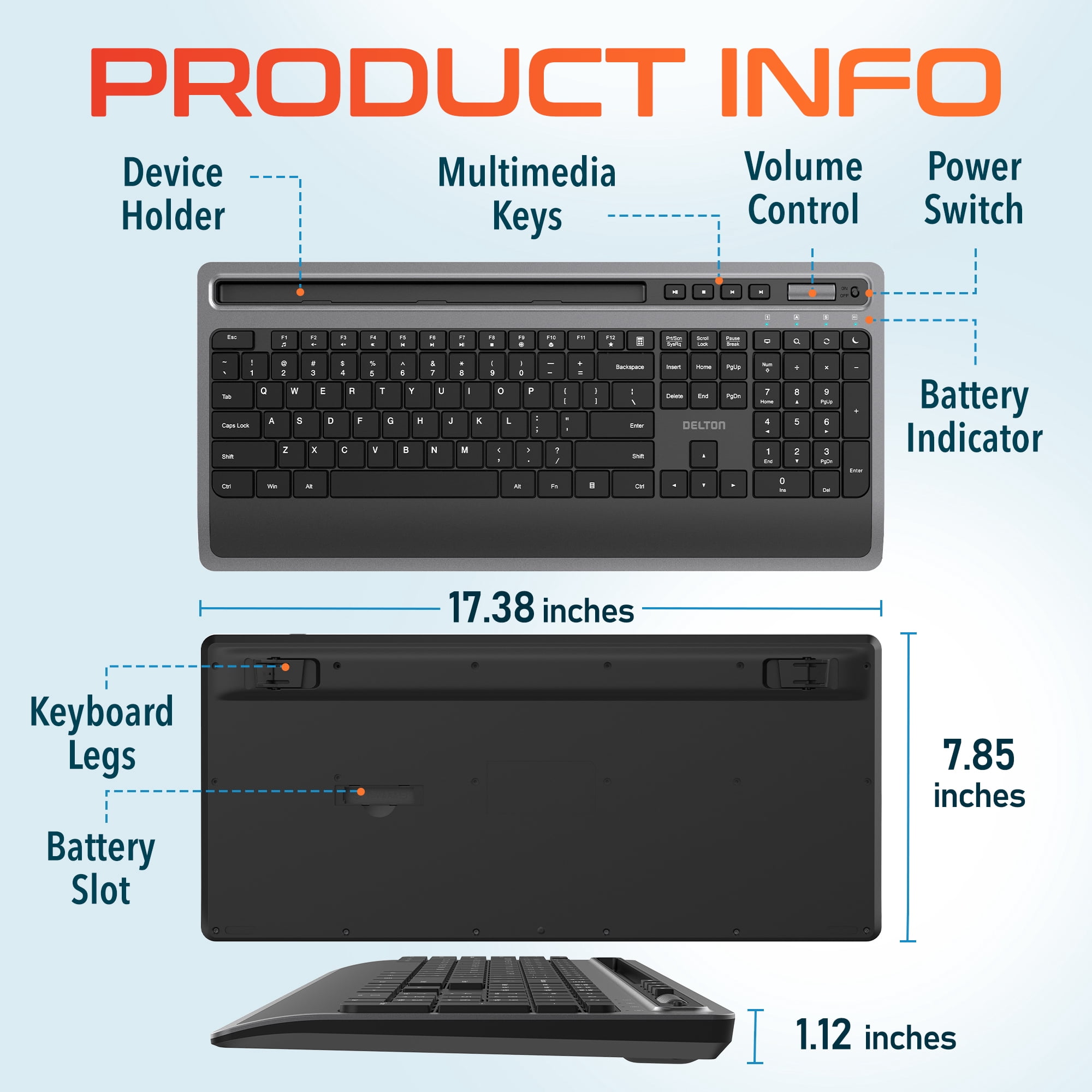 Delton T42 Ergonomic Wireless Keyboard with Phone/Tablet Holder, 2.4G Wireless Connection, Cordless Keyboard for Computer, Laptop, PC, Windows, MacOS and iOS - Black