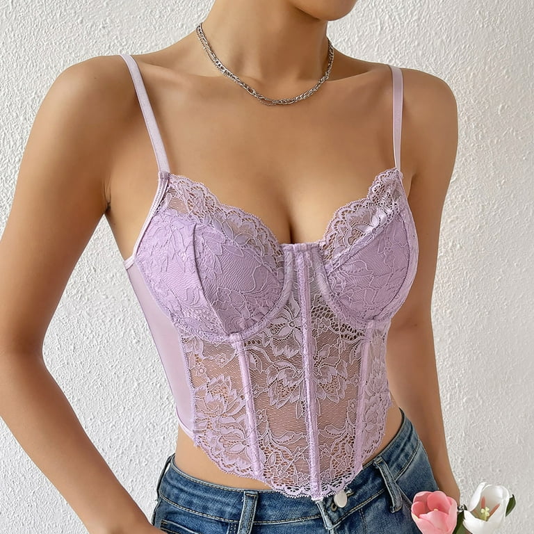 JGGSPWM Womens Summer Lace Bustier Mesh Sexy Vintage Spaghetti Strap Open  Back Boned Corset Going Out Party Crop Top Purple L 