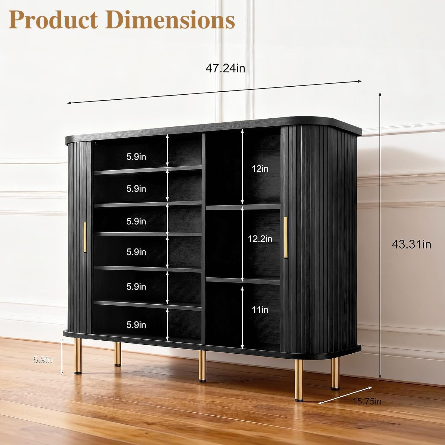 TiramisuBest Shoe Storage Cabinet with Sliding Door, 47" Mid-Century Modern Shoe Rack for Entryway, 6-Tier Shoes Organizer with Adjustable Shelves for Hallway & Living Room (Black)