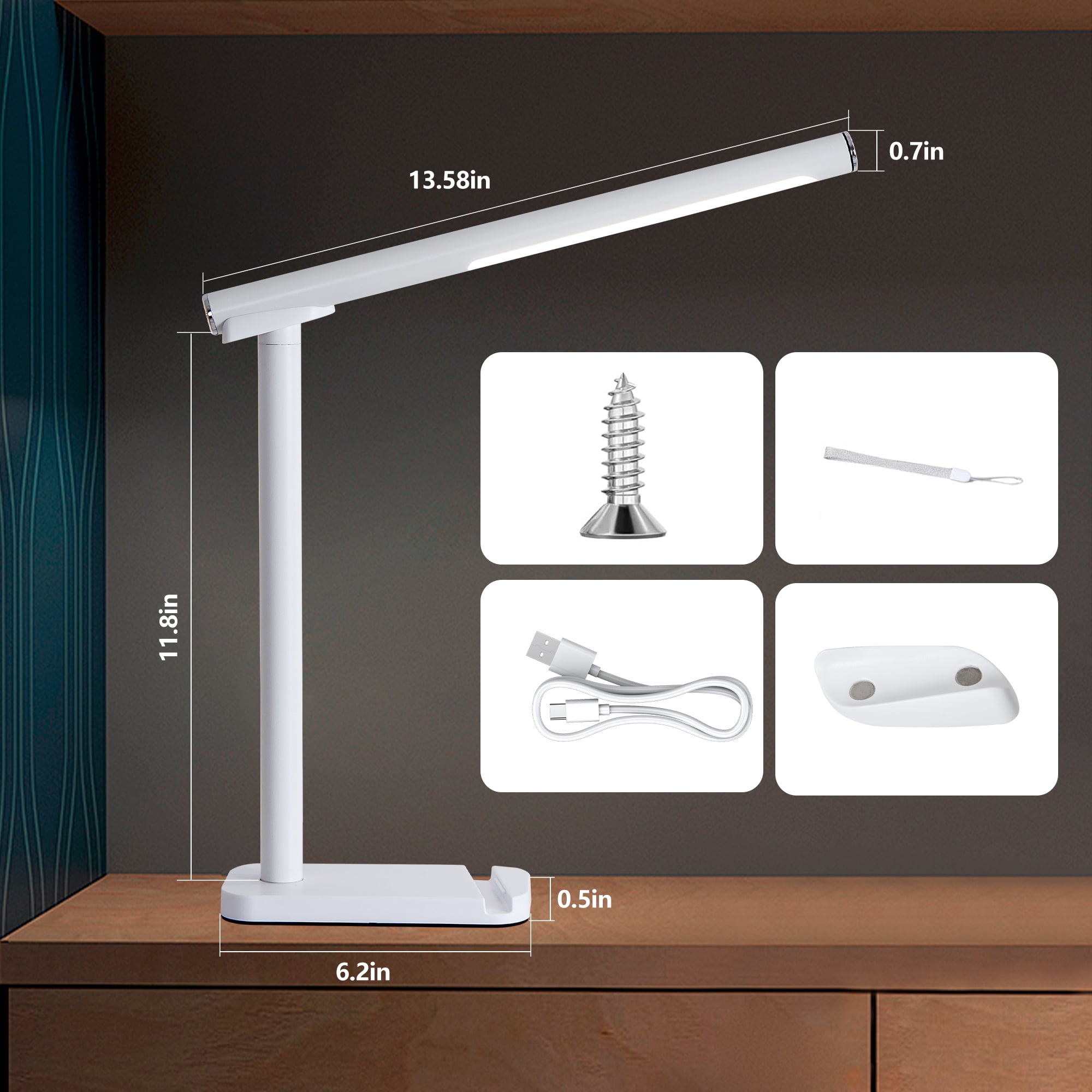 LED Desk Lamp 360° Adjustable, USB Charging Port, 5 Light Modes & Dimmable Brightness, Bedside Lamp for Reading, Craft, Work, Study (White)