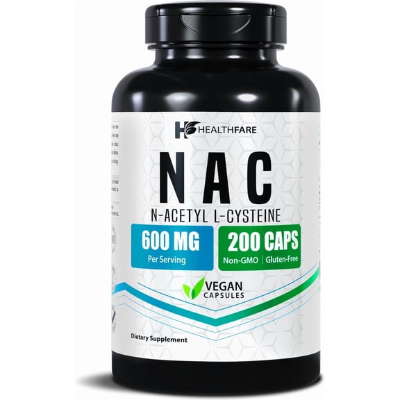 HealthFare NAC N-Acetyl L-Cysteine Supplement | 600mg High Potency | 200 Vegan Capsules | Respiratory & Antioxidant Support, Cellular Energy & Liver Support | Non-GMO, Gluten-Free, Made in USA