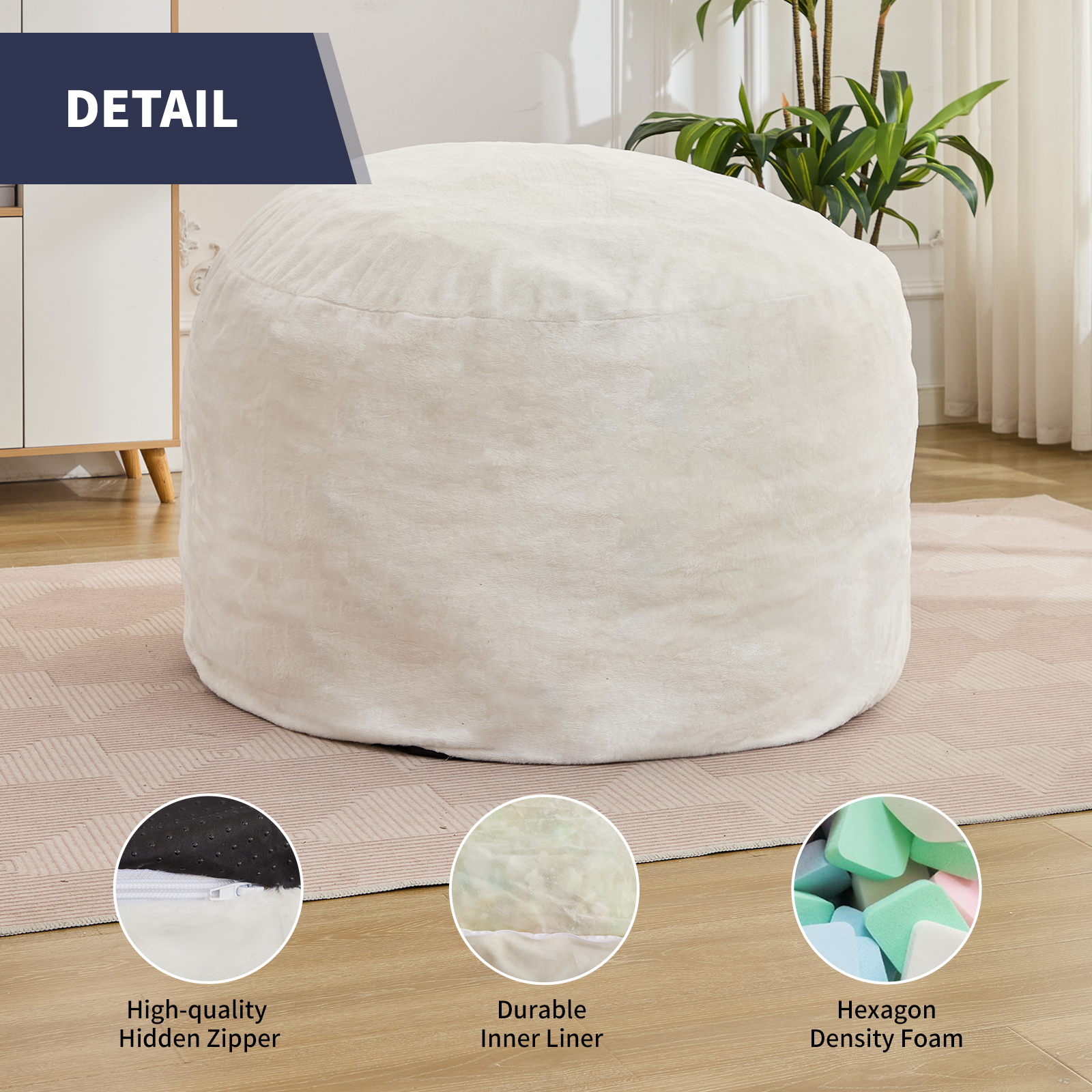ZAFLY Giant Bean Bag Chair, Full Size Convertible Bean Bag Sofa, Faux Rabbit Fur Lazy Chair for Adults - White