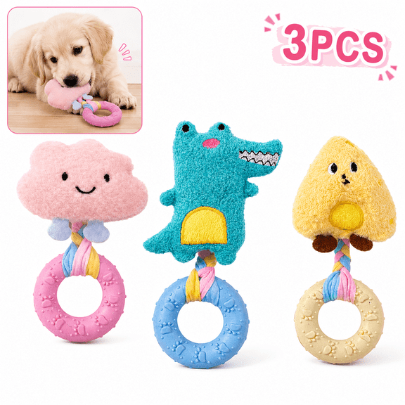 3 Pack Puppy Chew Toys for Small Dogs, Plush Squeaky Dog Toys with Teething Rings, Interactive Crinkle Tug Toys for Biting, Chewing, Boredom Relief and Indoor Play