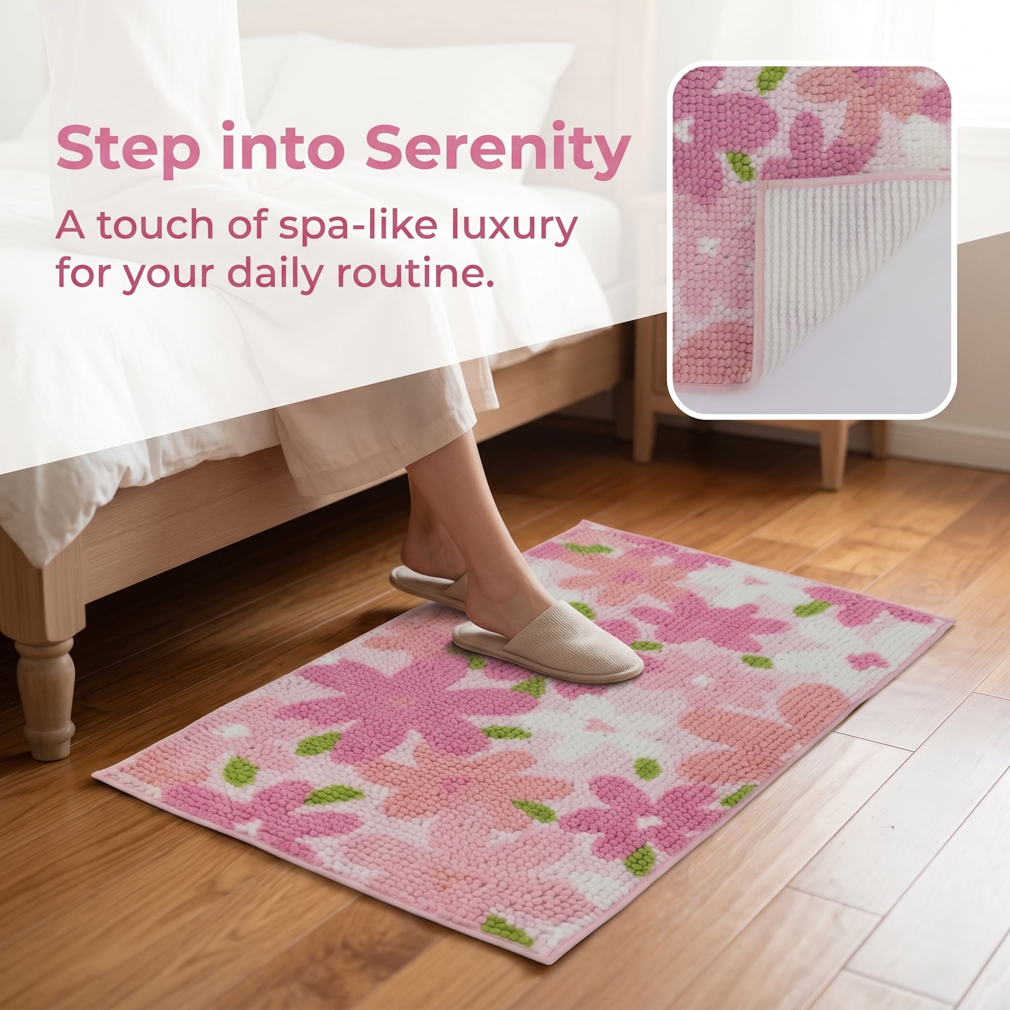 Unique Bargains Chenille Ultra Soft Non Slip Machine Washable Shower Rug Pink 24" x 16"
