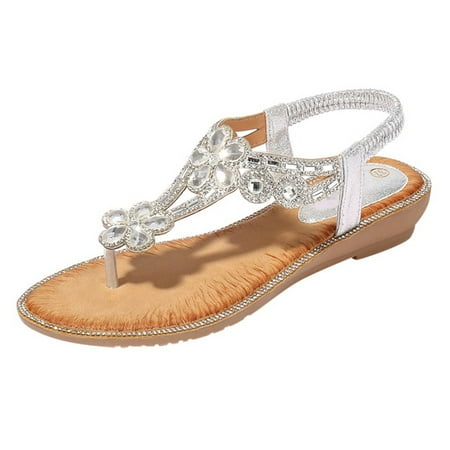 CHOII Clearance Women Fashion Large Size Casual Sandals Beach Shoes Women Sandals Wedge Flip Flops for Womens Set with Artificial Diamonds Ankle Strap Sandals Silver/8.5