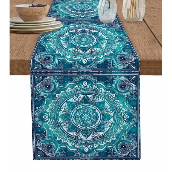 Turquoise Boho Table Runner Cotton Linen 108 Inch Holiday Dresser Scarves, Vintage Country Ethnic Abstract Motifs Tablerunner for Kitchen Coffee Dining Bedroom Dinner Scarf Décor 13''x108''