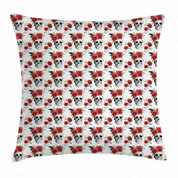Rose Throw Pillow Cushion Cover Watercolor Art Style Skull With Red Roses And Buds Gothic Halloween Pattern Decorative Square Accent Pillow Case 16 X 16 Inches Vermilion Black Green By Ambesonne
