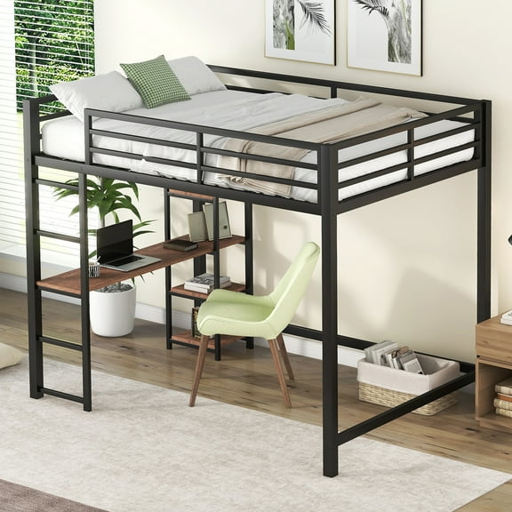 CoSoTower Full Size Metal Loft Bed with Built-In Desk and Storage Shelves, Black