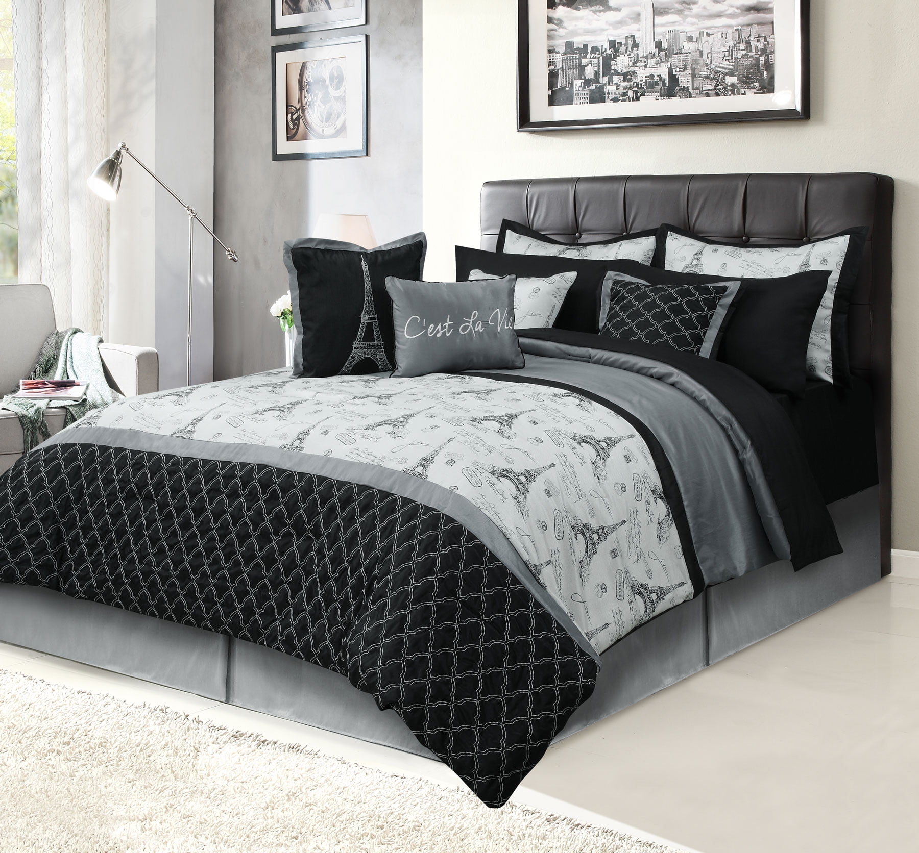 Paris Queen Bedding Bed In A Bag 12 Piece Set With Sheets Eiffel Tower Black And Gray Walmart Com Walmart Com