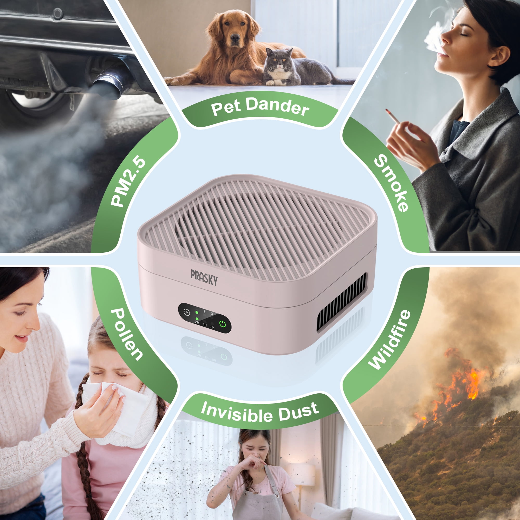 PRASKY Air Purifier for Home 600 Sq Ft Coverage, True HEPA Filter for Pets, Smoke & Allergies | Quiet & Portable for Bedroom/Travel/Car (Pink)