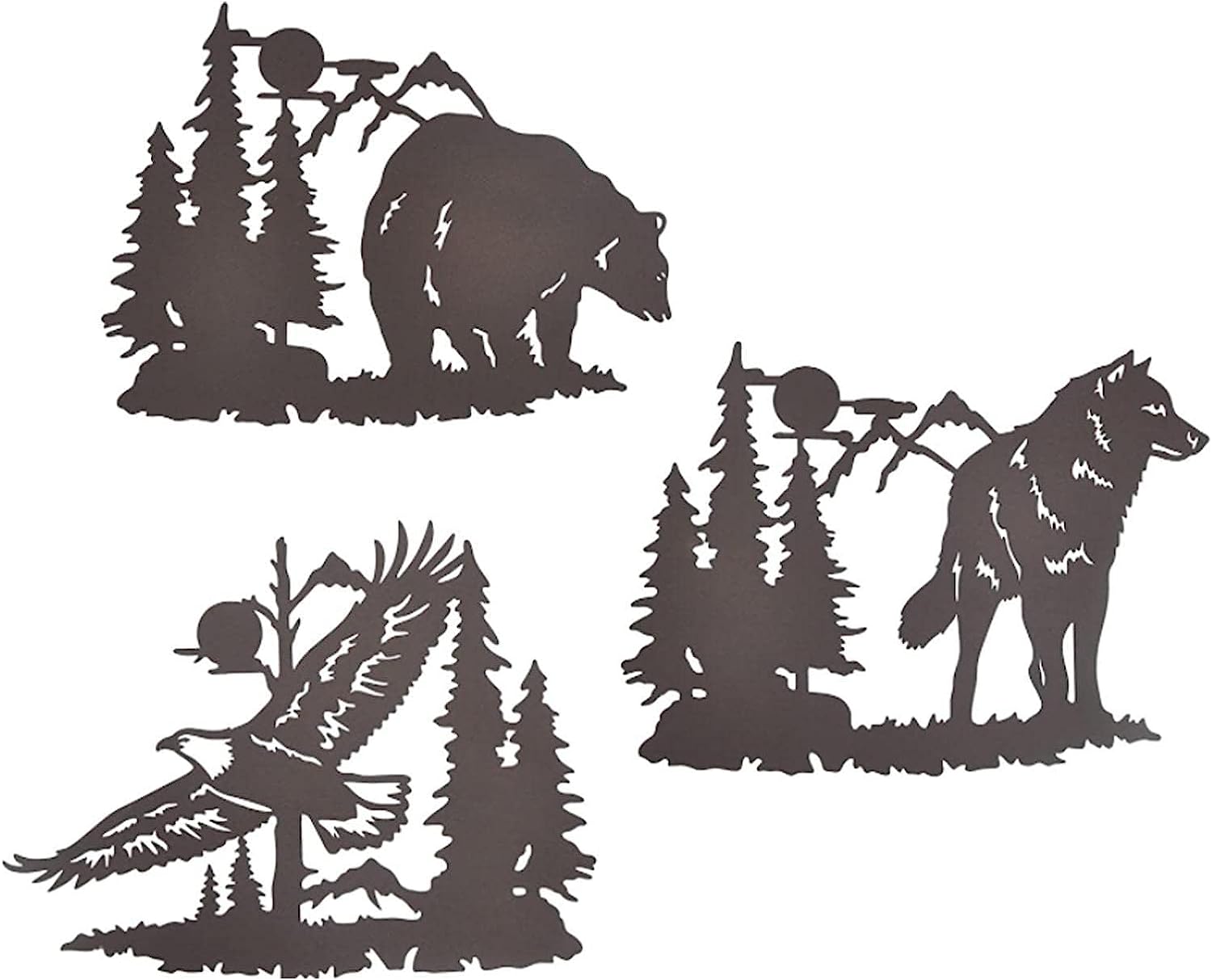 Cabin Metal Wall Art Decor, Bear Wolf Hawk In Forest Pine Tree, 10 Inch