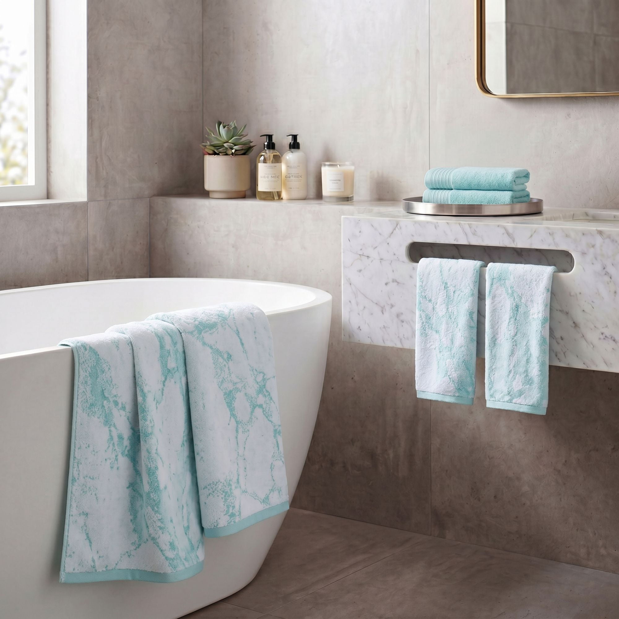 Superior Marble and Solid Jacquard Assorted Cotton 6 Piece Towel Set, Cyan