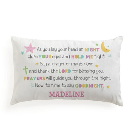 Personalized Planet Girl Prayer Lumbar Throw Pillow with Custom Name Printed on White Rectangular Removable Cover | Decorative Accent for Childs Nursery or Bedroom | 20x12