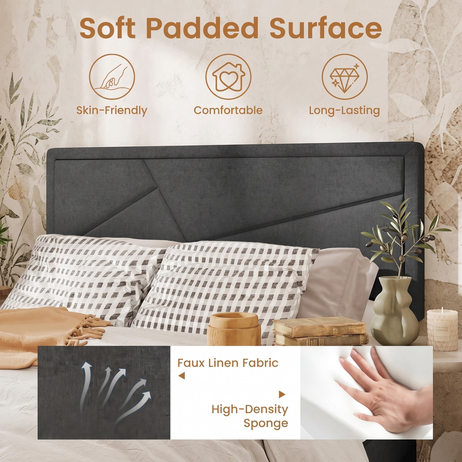 Furnibear Queen Size Bed Frame Upholstered Platform Bed Frame with High Headboard and 12 Plywood Slats for Modern Bedroom, Dark Gray