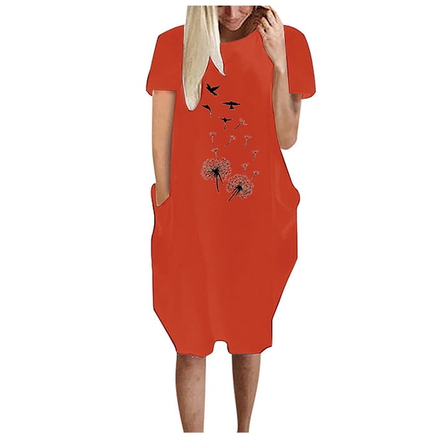 Vestido suelto de manga corta informal con estampado floral de moda de verano para mujer con bolsillo y cuello redondo Pompotops ghjkhdj12004