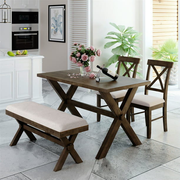 4 Pieces Farmhouse Rustic Wood Kitchen Dining Table Set With Upholstered 2 X Back Chairs And Bench Brown Beige 8 Options Available Walmart Com Walmart Com