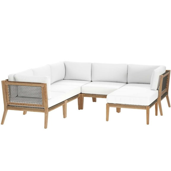 Lounge Sectional Sofa Set, Grey Gray Natural, Teak Wood, Outdoor Patio Balcony Cafe Bistro Garden Hospitality Restaurant, Modern Contemporary HB34467
