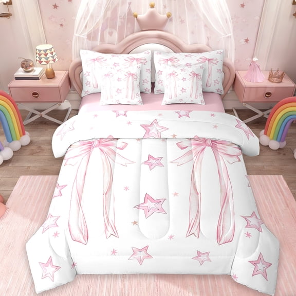 Manfei Cartoon Bow Ribbon 7-Piece Twin Bedding Sets,Lovely Bow Tie Bedding Comforter Set,Gradient Pink White Stars Sheet Sets For Girl Teens,Breathable Home Decor Reversible