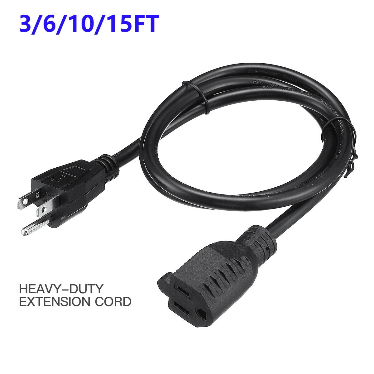 Black Electrical AC Electric Power Extension Cable Wire Cord 3 Prong 3/6/10/15FT 