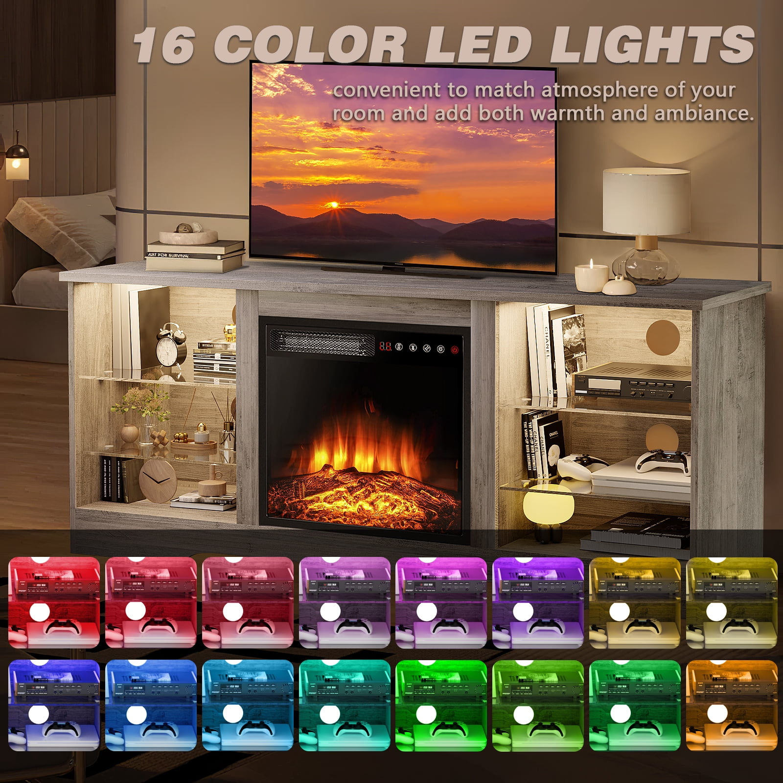 VITESSE 58 Inches TV Stand for TVs up to 65 Inches Console with 18'' Electric Fireplace ＆ Remote, Wooden Mid Century Modern Entertainment Center for Living Room with LED Light Glass Shelves