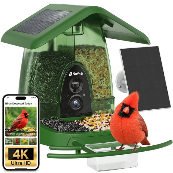 Nafnti Smart Bird Feeder with Camera, 4K HD Camera Bird Feeder, 10,000  Species AI Bird Identification, 3W Solar Powered Roof, 2.4GHz WIFI, IP65 Waterproof, Gift for Bird Lovers