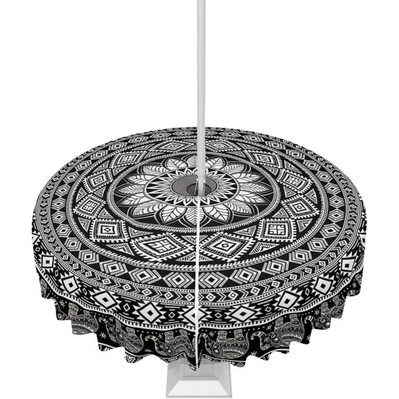 Outdoor Tablecloth with Umbrella Hole and Zipper Black Boho Mandala Round Outdoor Tablecloths 60 Inch Waterproof Table Cloths Bohemian Geometric Patio Table Cloth Cover for Outdoor Tables Garden