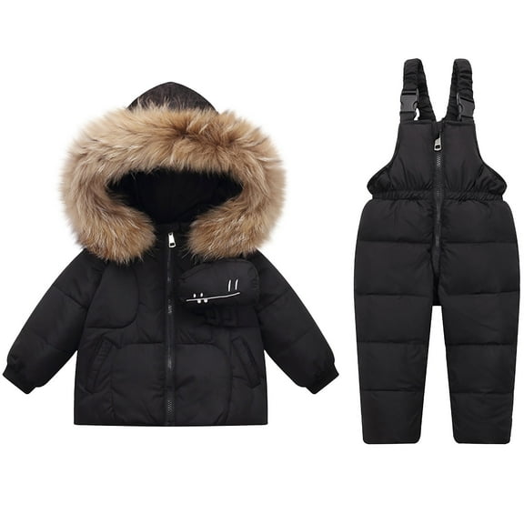 Toddler Winter Coat Hooded Waterproof New Boys and Girls Winter Fashion Outdoor Children's Hooded Thick Warm Printed Ski Suit Set Style B-18 Black 3 Years