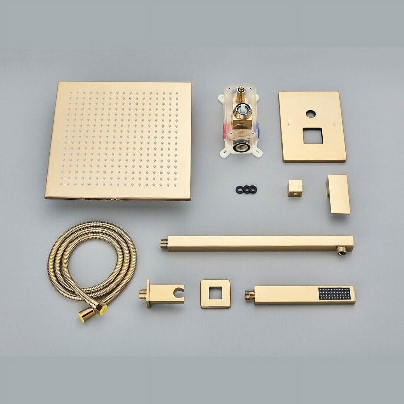 Gold Rainfall 12" Shower Head Combo Set System Faucet Kit with Wall Mixer Valve