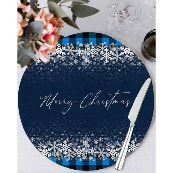 15 Inch Round Placemats Set of 4, Merry Christmas Non Slip Heat Insulation PP Table Mats, Winter Holiday Xmas Snowflake Blue Plaid Washable Place Mats for Kitchen Dining Party Table Decor