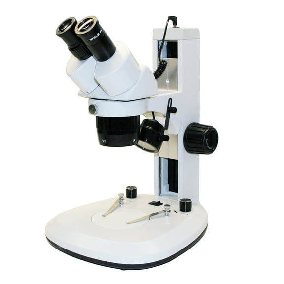 Vision Scientific VMS0004-13 Dual Power Binocular Stereo Microscope, Paired 10X Widefield eyepiece, 1X & 3X Objectives, Upper and Lower LED Lighting, 110V, Track Stand