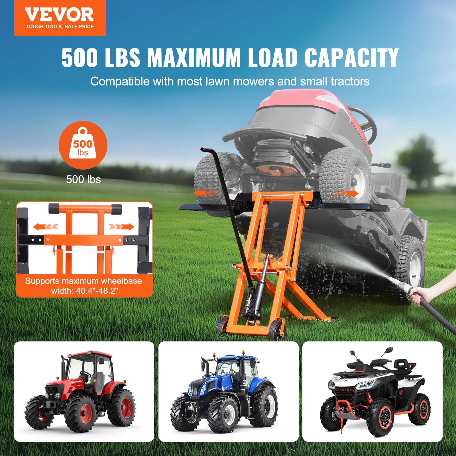 VEVOR Lawn Mower Hydraulic Lift Jack, 500 Lbs Weight Capacity, Carbon Steel Lawn Mower Lift, Adjustable Movable Lawn Lifter for Riding Tractors and Zero Turn Lawn Mowers, Orange