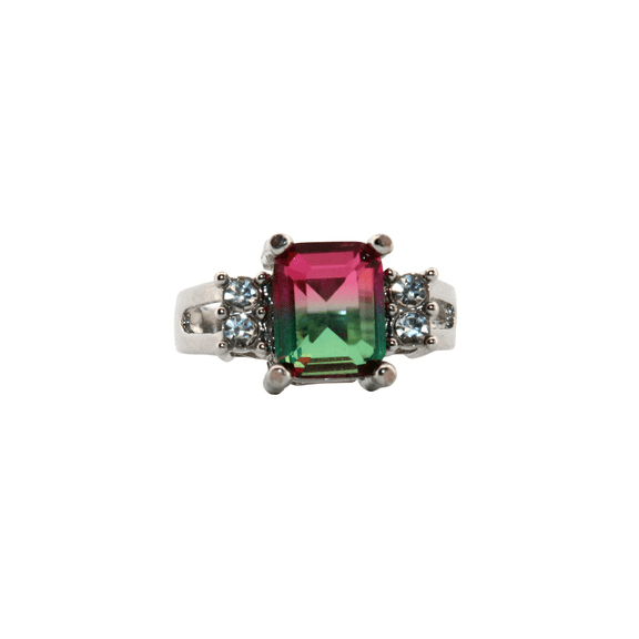 Emerald Watermelon Tourmaline & Topaz Silver Ring, Size 7 116