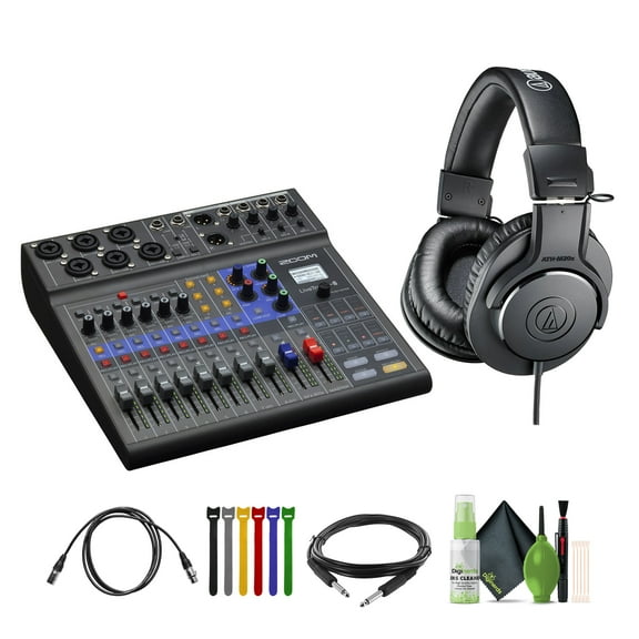Zoom LiveTrak L-8 Portable 8-Channel Digital Mixer and Multitrack Recorder   Audio-Technica ATH-M20x Professional Studio Monitor Headphones, Black (AUD ATHM20X)   10 Ft XLR Cable   More