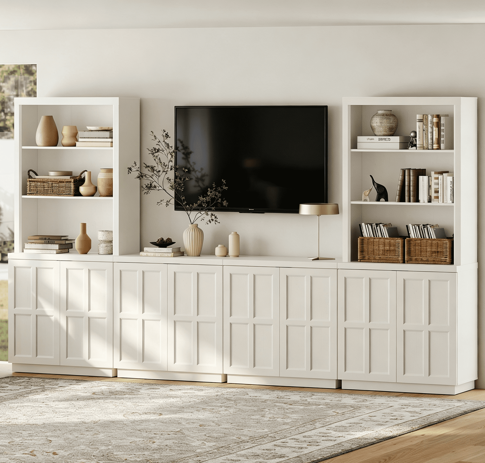 HOMOOI TV Stand up to 70" TV, Boho Thickened Anti-Wobble Wood Entertainment Center, 2 Independent Upper Bookcase Tops & 4-in-1 Rebound Door Media Cabinet for Living Room,Bedroom,White