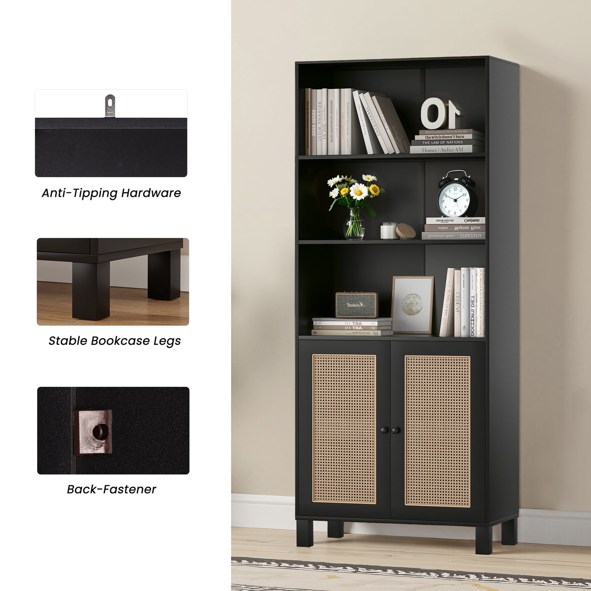 MAYEERTY 5-Shelf Bookcase with Rattan Doors, Tall Display Shelves for Home Office & Bedroom, Black