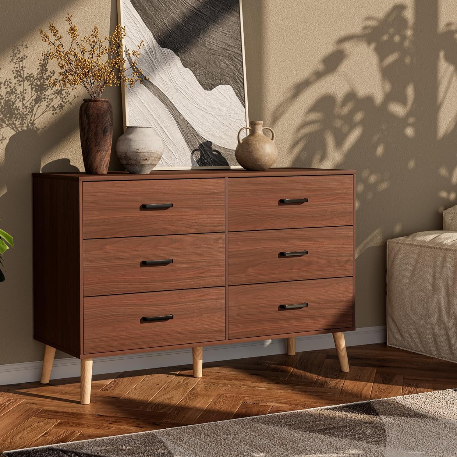 Meteorleg 6 Drawer Dresser for Bedroom, Wood Walnut Dresser with Wide Drawers and Metal Handles,Modern Dresser Chest for Bedroom,Living Room,Entryway
