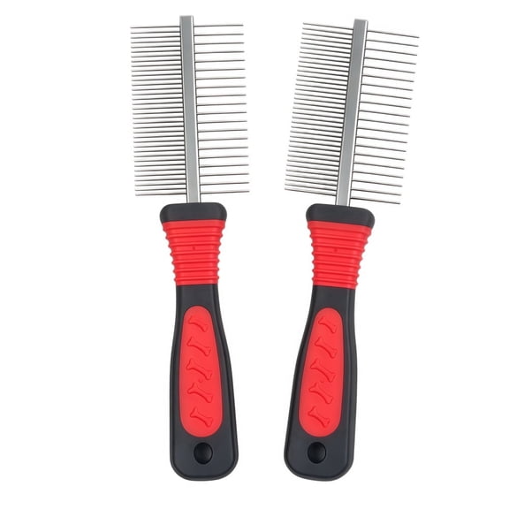 Wanfoou 2-Pack Stainless Steel Double Row Deshedding Comb – Heavy Duty Detangling Tool for Puppies And Small Dogs, Removes Loose Fur (Red)