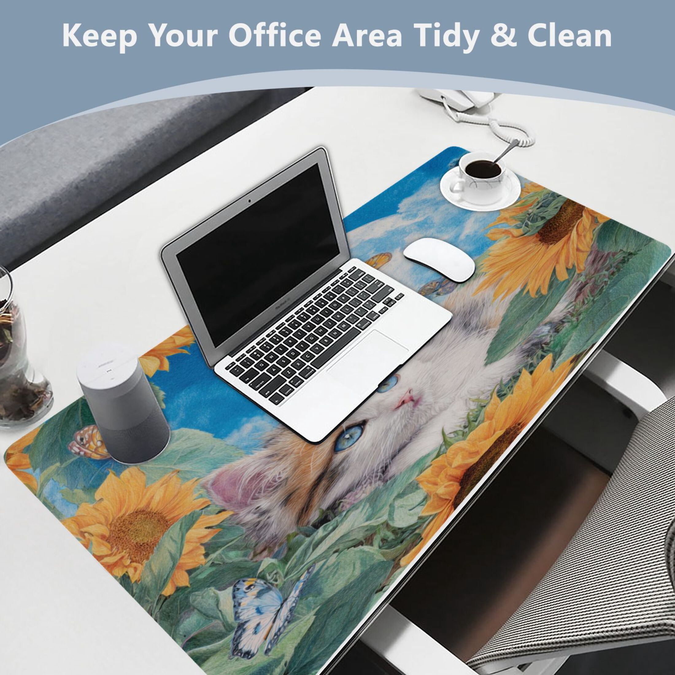 Leather Keyboard and Mouse Desk Mat Office Desk Accessories Protective Office Desk Decor Desk Pad Mat for Gaming, Work from Home, Office Playful Cat Lying Sunflowers 23.6" x 47.2"