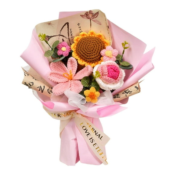 hengtong Crochet Flower Bouquet Knitted Flowers for Anniversary Teacher' Day Birthday Pink