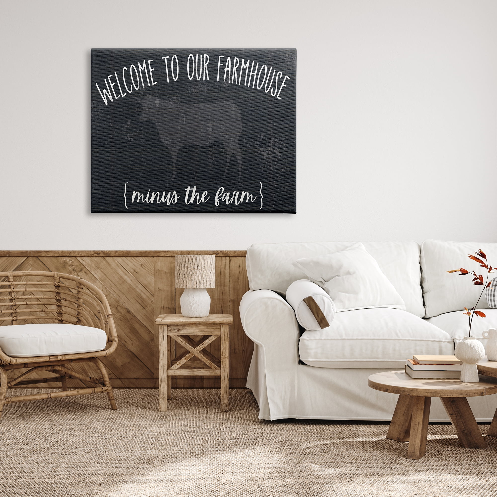 Stupell Industries Welcome To Farmhouse Playful Rustic Cow Motif Graphic Art Gallery Wrapped Canvas Print Wall Art, Design by White Ladder