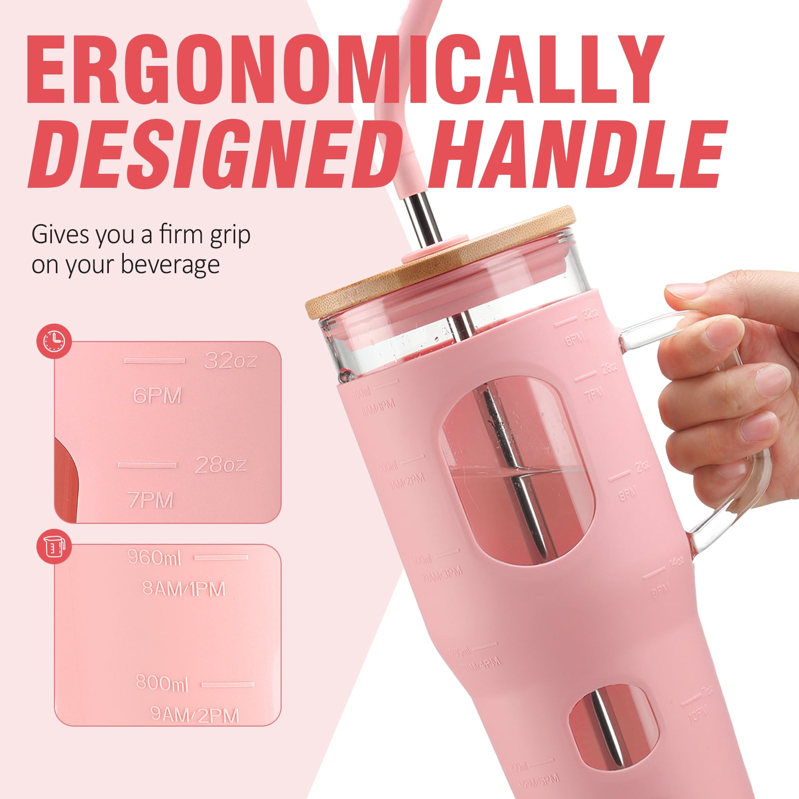 MUKOKO 32 oz Glass Tumbler , Glass Water Bottle with Capacity Marker and Silicone Sleeve, Iced Coffee Drinking Cup with Straw and Lid, Leakproof Suitable for Cup Holders, Pink