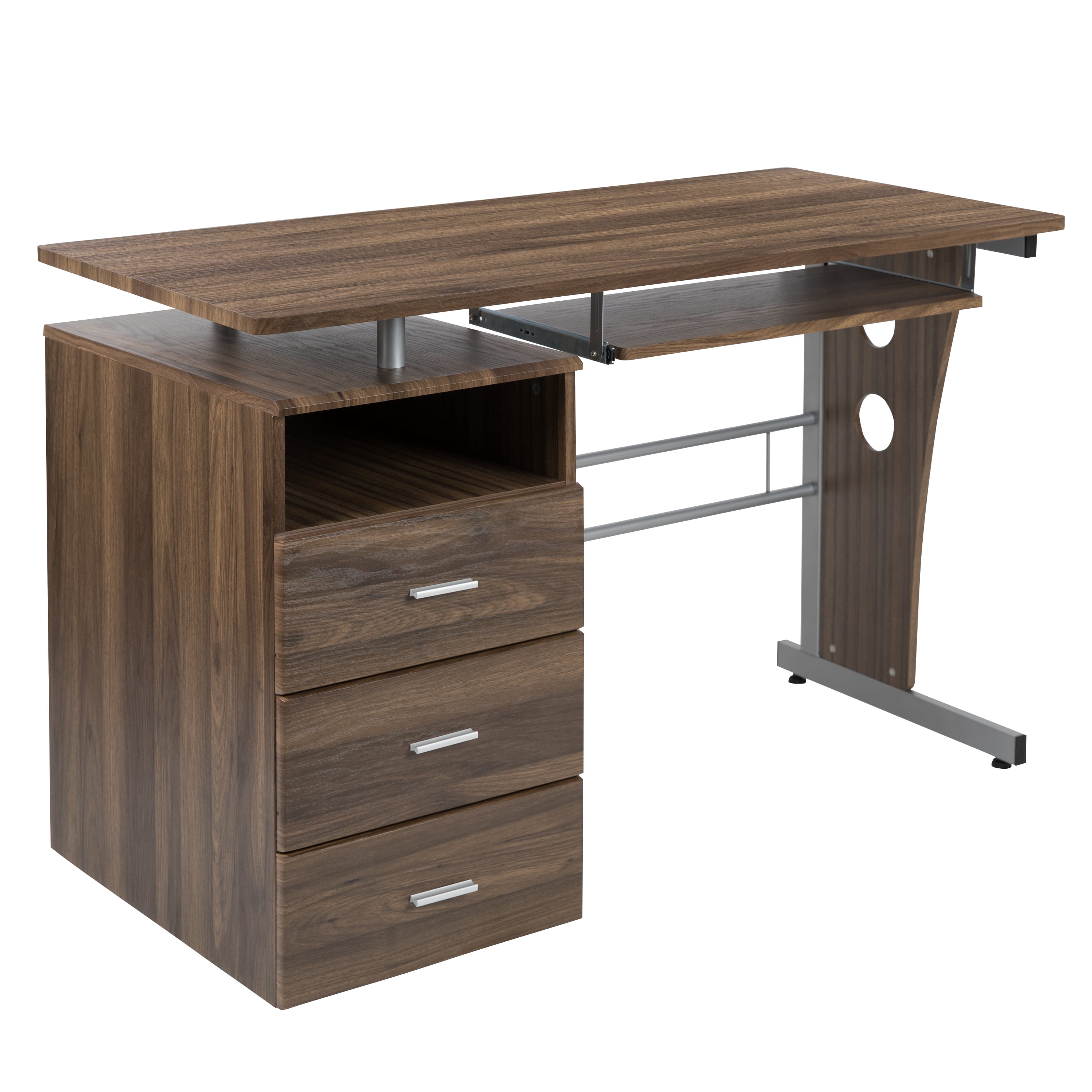 Emma + Oliver Rustic Walnut Desk with Three Drawer Single Pedestal and Pull-Out Keyboard Tray