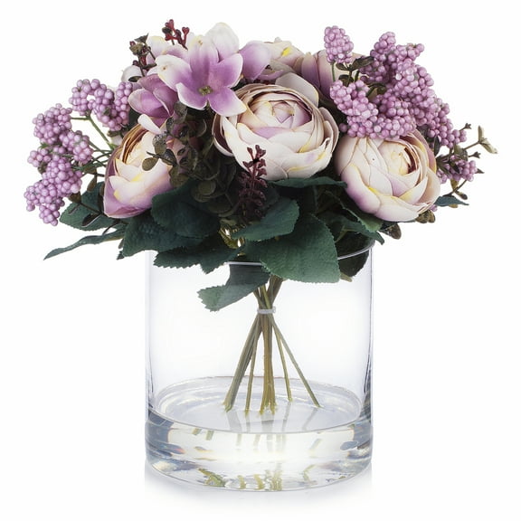 Enova Home Artificial Flowers Mixed Silk Ranunculus Fake Flowers Arrangement in Cylinder Glass Vase with Faux Water for Home Office Wedding Decoration (Purple)