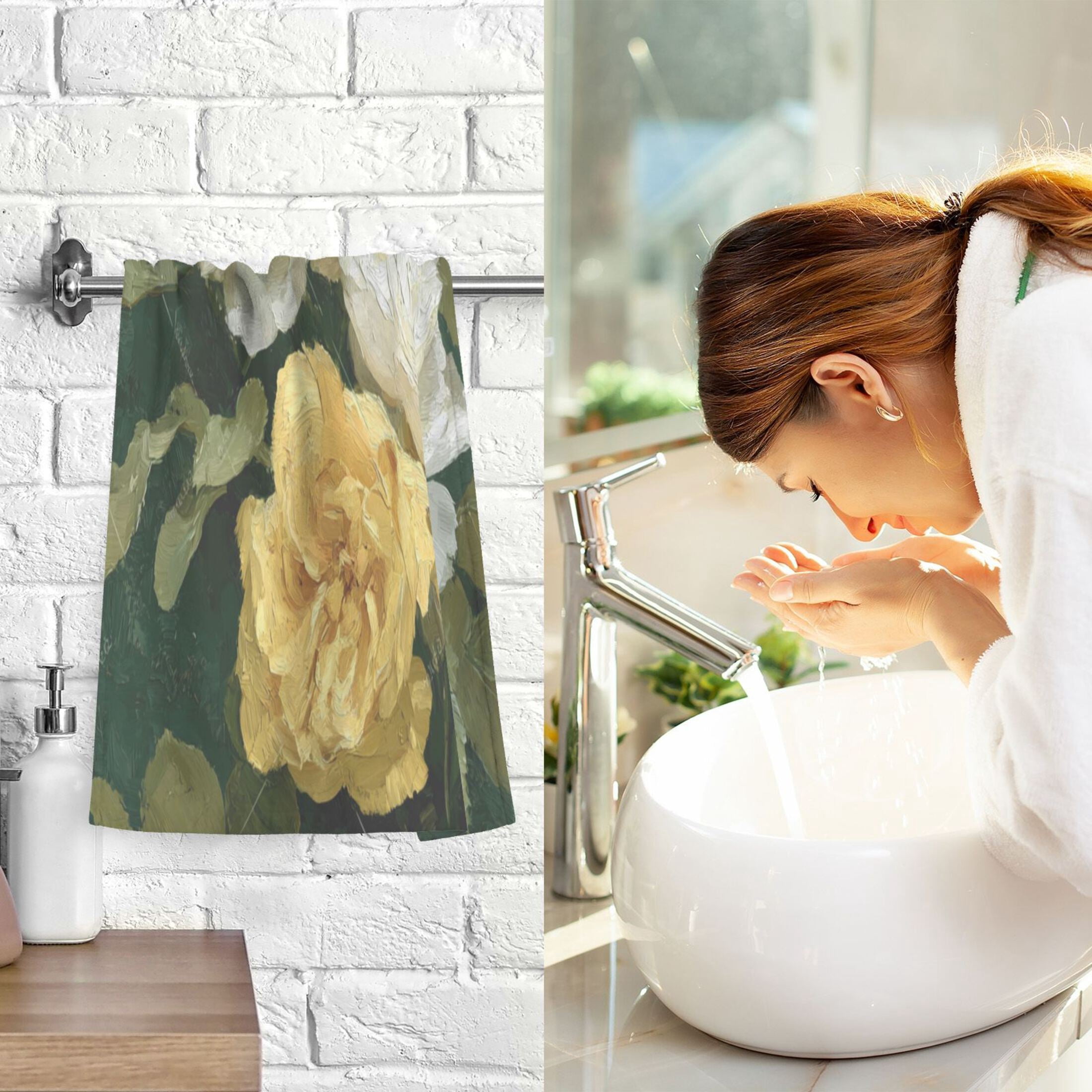 2 Pieces of Cotton Towel Face Towel Set Hand Towel Bath Towel Cotton Bath Towel Sets White Peony Olive Green