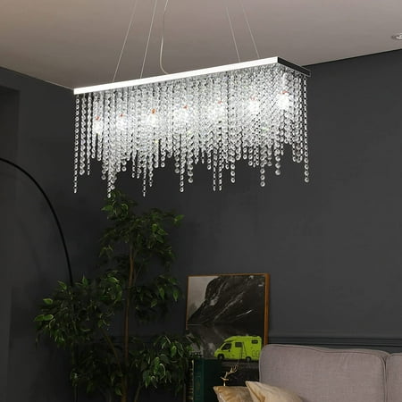 

FETCOI Crystal Chandelier Linear Modern Rectangular Raindrop Pendant Light Contemporary K9 Crystal Lighting Fixture for Bathroom Living Room
