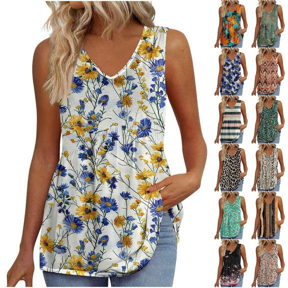 JTZGDY Womens Tank Tops 2025 Flowy Peplum Tops for Women Cute Summer Floral Printed Dressy Sleeveless V Neck Babydoll Tank Tops Multicolor#02 M